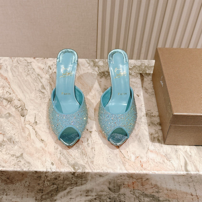 DOLLY STRASS SOLE SLIDE SANDALS 85MM IN BABY BLUE CALFSKIN