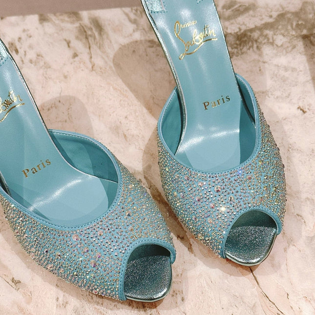 DOLLY STRASS SOLE SLIDE SANDALS 85MM IN BABY BLUE CALFSKIN