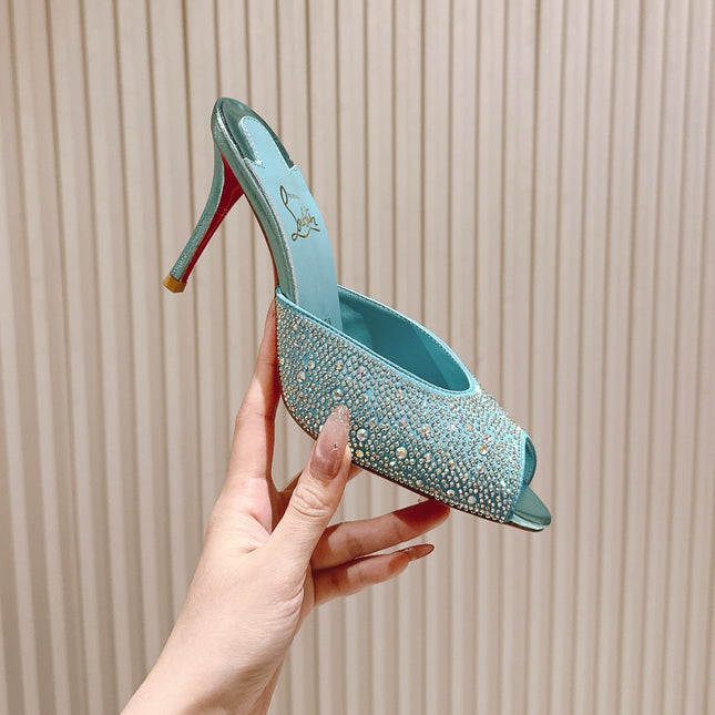 DOLLY STRASS SOLE SLIDE SANDALS 85MM IN BABY BLUE CALFSKIN