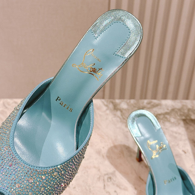 DOLLY STRASS SOLE SLIDE SANDALS 85MM IN BABY BLUE CALFSKIN