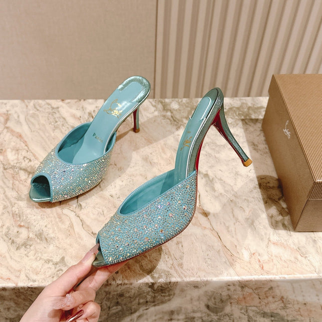 DOLLY STRASS SOLE SLIDE SANDALS 85MM IN BABY BLUE CALFSKIN