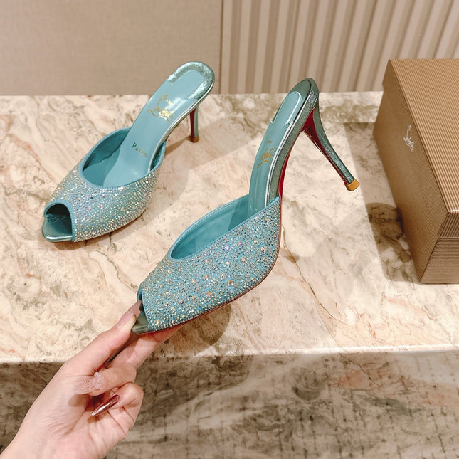 DOLLY STRASS SOLE SLIDE SANDALS 85MM IN BABY BLUE CALFSKIN