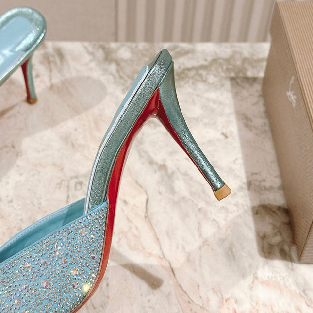 DOLLY STRASS SOLE SLIDE SANDALS 85MM IN BABY BLUE CALFSKIN