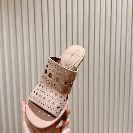 ALAIA HIGH HEEL CHUNKY TWO-STRAP 25S IN PINK BEIGE SUEDE