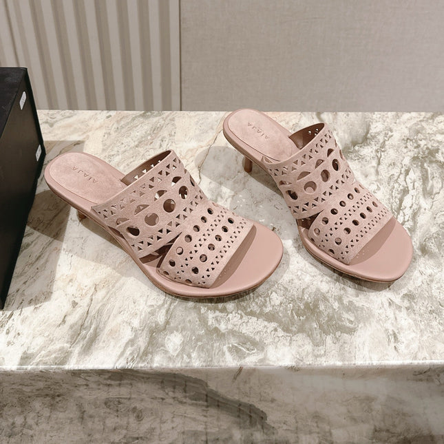 ALAIA HIGH HEEL CHUNKY TWO-STRAP 25S IN PINK BEIGE SUEDE