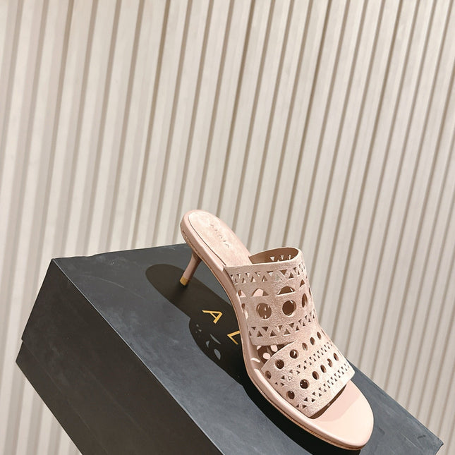 ALAIA HIGH HEEL CHUNKY TWO-STRAP 25S IN PINK BEIGE SUEDE