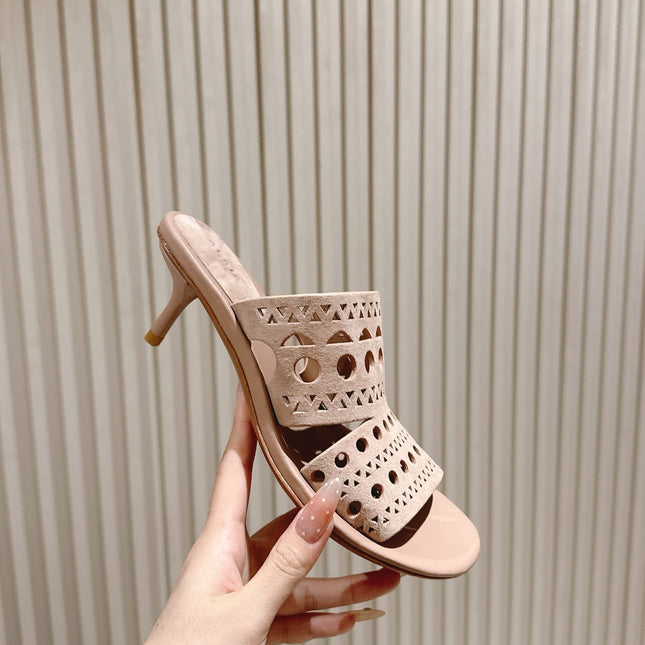ALAIA HIGH HEEL CHUNKY TWO-STRAP 25S IN PINK BEIGE SUEDE