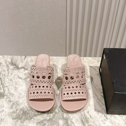 ALAIA HIGH HEEL CHUNKY TWO-STRAP 25S IN PINK BEIGE SUEDE