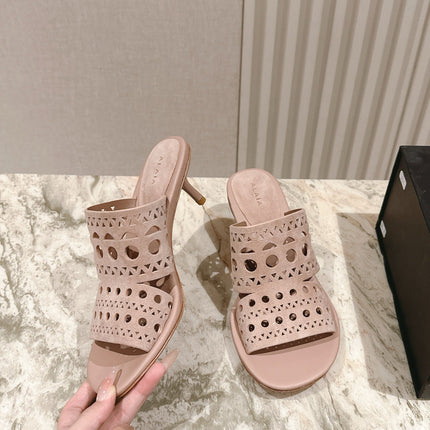 ALAIA HIGH HEEL CHUNKY TWO-STRAP 25S IN PINK BEIGE SUEDE