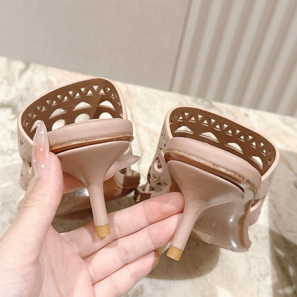 ALAIA HIGH HEEL CHUNKY TWO-STRAP 25S IN PINK BEIGE SUEDE