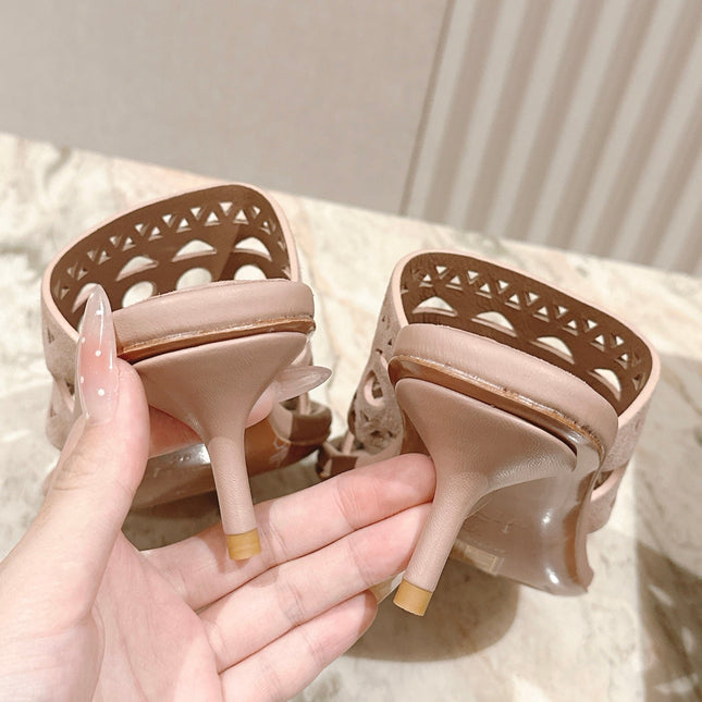 ALAIA HIGH HEEL CHUNKY TWO-STRAP 25S IN PINK BEIGE SUEDE