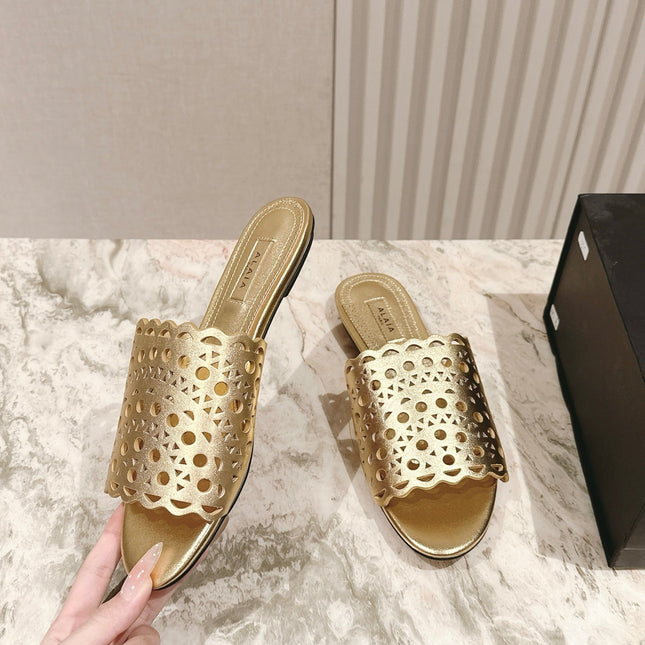 ALAIA PERFORATED SLIDE SANDALS 25S IN LIGHT GOLD LAMBSKIN