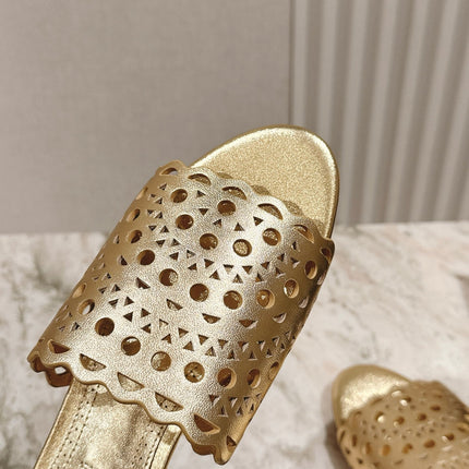 ALAIA PERFORATED SLIDE SANDALS 25S IN LIGHT GOLD LAMBSKIN