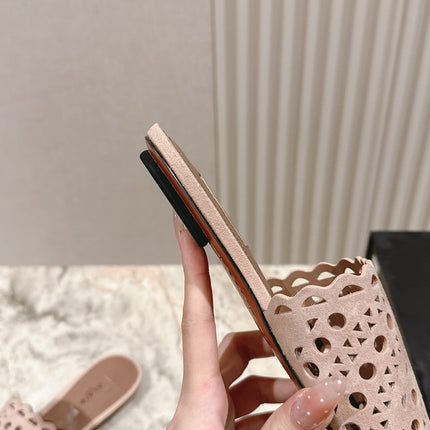 ALAIA PERFORATED SLIDE SANDALS 25S IN PINK BEIGE SUEDE