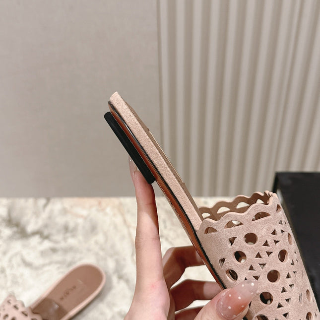 ALAIA PERFORATED SLIDE SANDALS 25S IN PINK BEIGE SUEDE