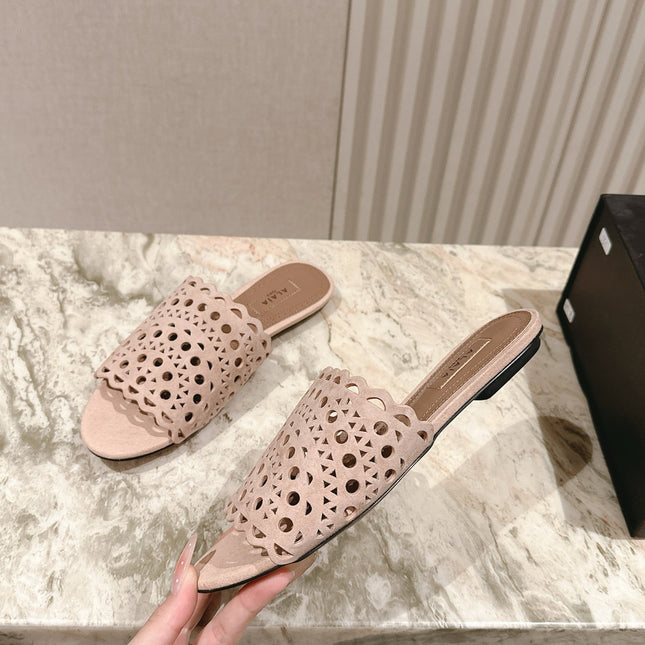 ALAIA PERFORATED SLIDE SANDALS 25S IN PINK BEIGE SUEDE