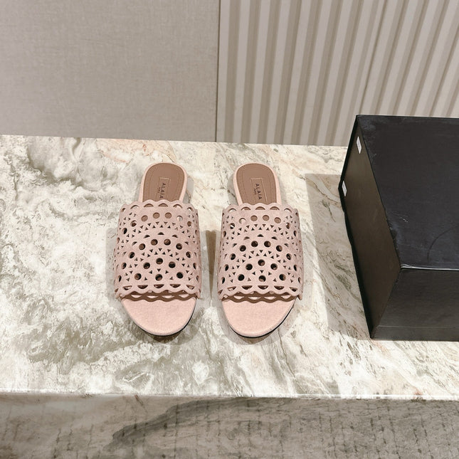 ALAIA PERFORATED SLIDE SANDALS 25S IN PINK BEIGE SUEDE