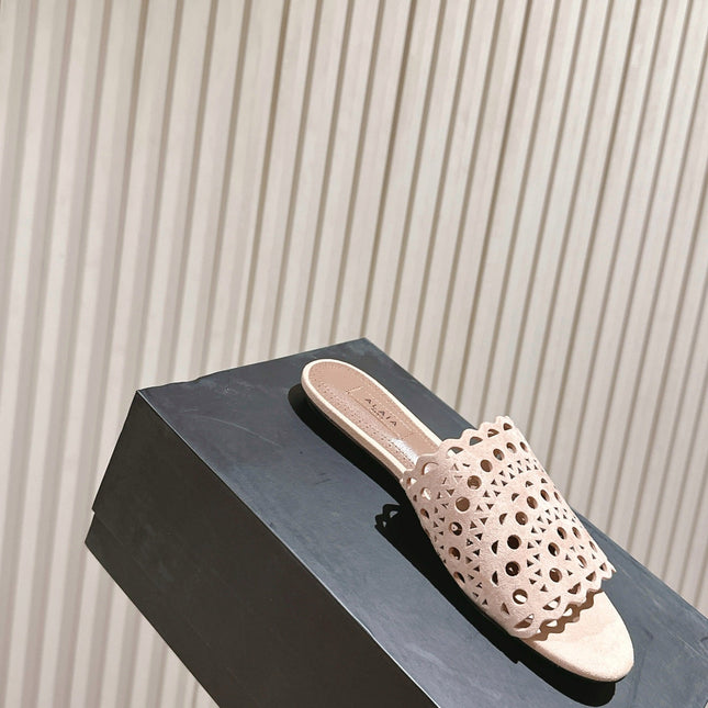 ALAIA PERFORATED SLIDE SANDALS 25S IN PINK BEIGE SUEDE