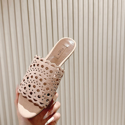 ALAIA PERFORATED SLIDE SANDALS 25S IN PINK BEIGE SUEDE