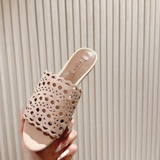 ALAIA PERFORATED SLIDE SANDALS 25S IN PINK BEIGE SUEDE