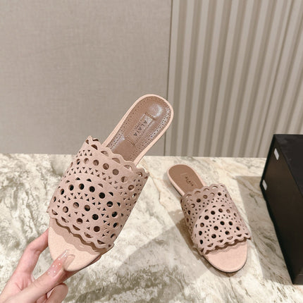 ALAIA PERFORATED SLIDE SANDALS 25S IN PINK BEIGE SUEDE