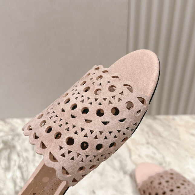 ALAIA PERFORATED SLIDE SANDALS 25S IN PINK BEIGE SUEDE