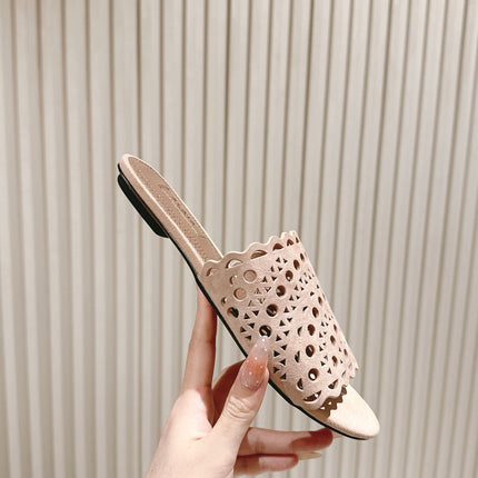 ALAIA PERFORATED SLIDE SANDALS 25S IN PINK BEIGE SUEDE