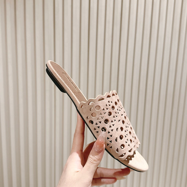 ALAIA PERFORATED SLIDE SANDALS 25S IN PINK BEIGE SUEDE
