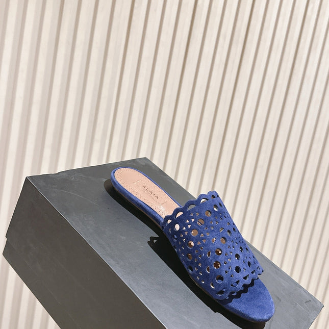 ALAIA PERFORATED SLIDE SANDALS 25S IN NAVY BLUE SUEDE