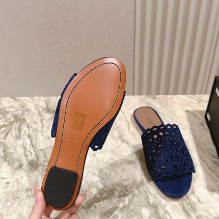 ALAIA PERFORATED SLIDE SANDALS 25S IN NAVY BLUE SUEDE