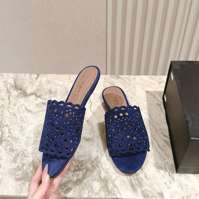 ALAIA PERFORATED SLIDE SANDALS 25S IN NAVY BLUE SUEDE