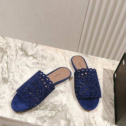 ALAIA PERFORATED SLIDE SANDALS 25S IN NAVY BLUE SUEDE