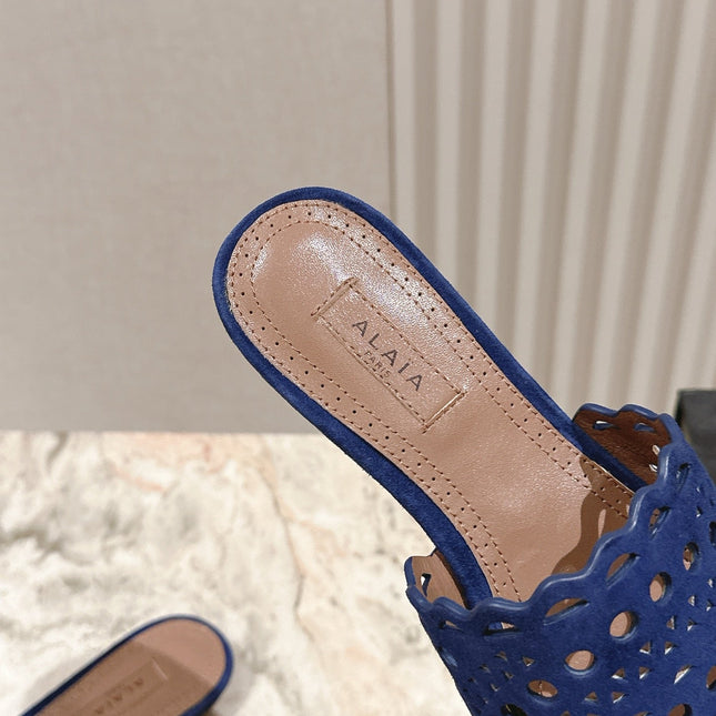 ALAIA PERFORATED SLIDE SANDALS 25S IN NAVY BLUE SUEDE