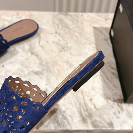 ALAIA PERFORATED SLIDE SANDALS 25S IN NAVY BLUE SUEDE