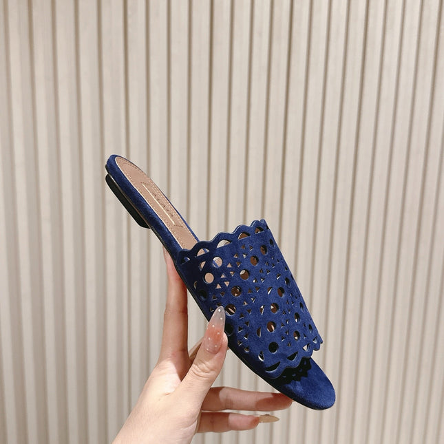 ALAIA PERFORATED SLIDE SANDALS 25S IN NAVY BLUE SUEDE