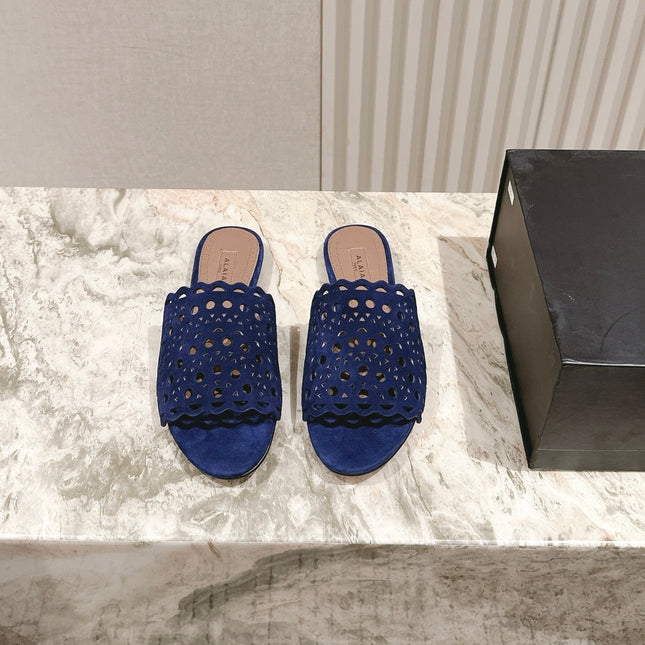 ALAIA PERFORATED SLIDE SANDALS 25S IN NAVY BLUE SUEDE