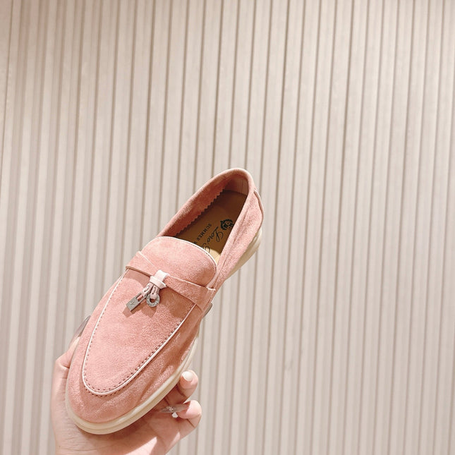 LP LOAFERS 25S IN LIGHT PINK SUEDE WITH SILVER HARDWARE