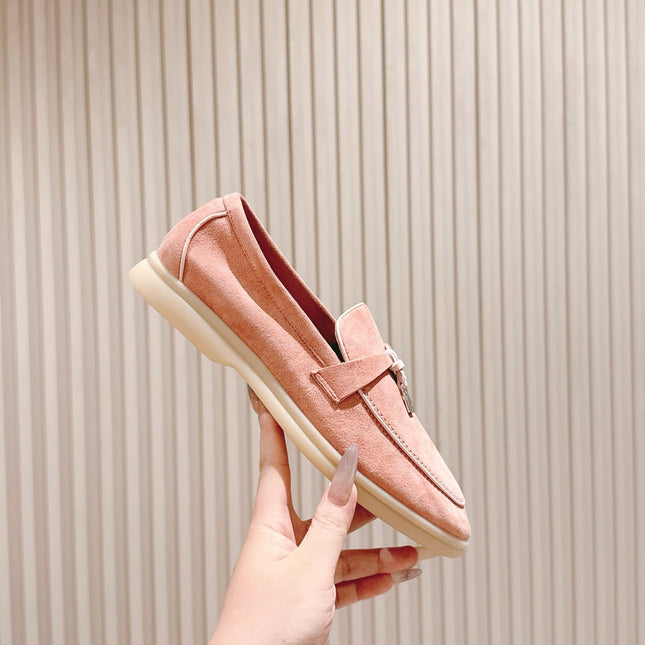LP LOAFERS 25S IN LIGHT PINK SUEDE WITH SILVER HARDWARE