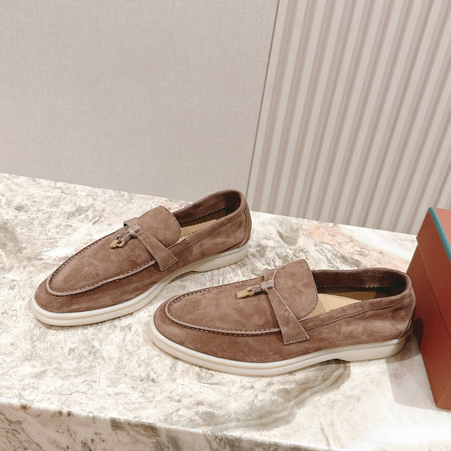 SUMMER WALK LOAFERS BROWN SUEDE WITH GOLD PADLOCK CHARM