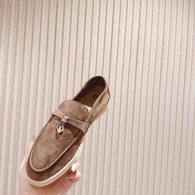 SUMMER WALK LOAFERS BROWN SUEDE WITH GOLD PADLOCK CHARM