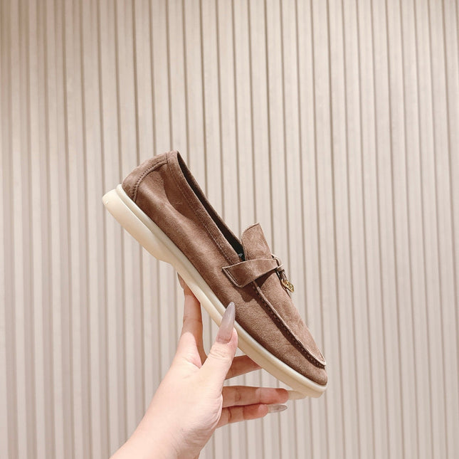 SUMMER WALK LOAFERS BROWN SUEDE WITH GOLD PADLOCK CHARM