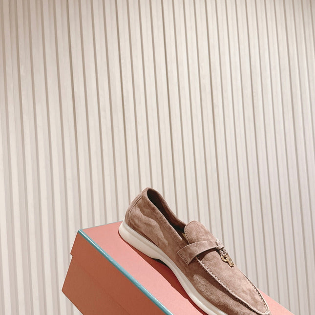 SUMMER WALK LOAFERS BROWN SUEDE WITH GOLD PADLOCK CHARM