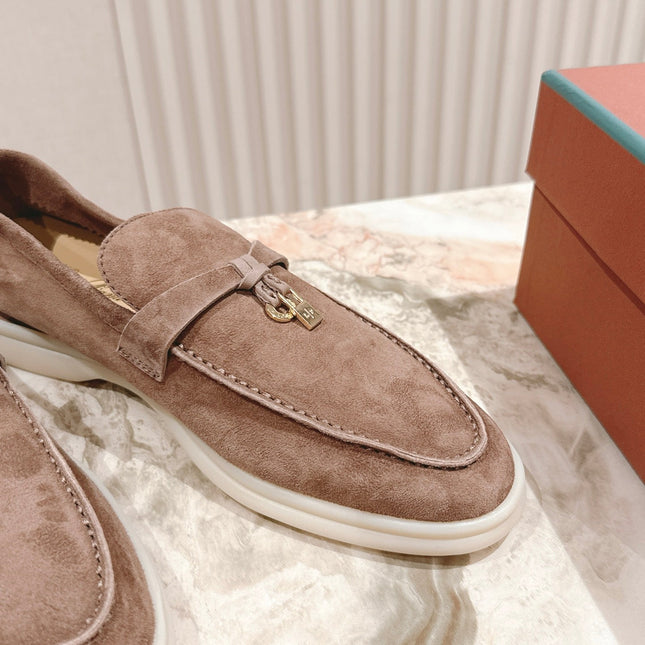 SUMMER WALK LOAFERS BROWN SUEDE WITH GOLD PADLOCK CHARM