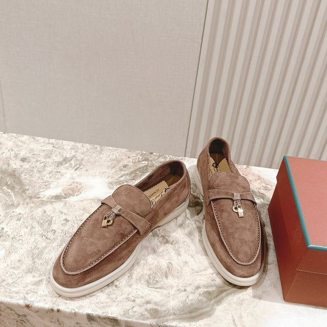 SUMMER WALK LOAFERS BROWN SUEDE WITH GOLD PADLOCK CHARM