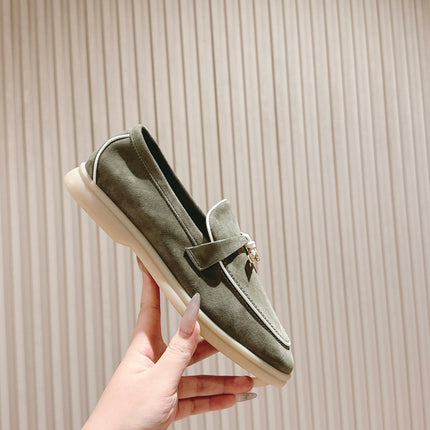 LP LOAFERS 25S IN MOSS GREEN SUEDE WITH SILVER HARDWARE