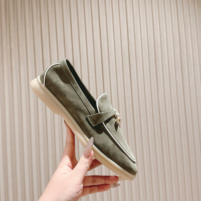 LP LOAFERS 25S IN MOSS GREEN SUEDE WITH SILVER HARDWARE