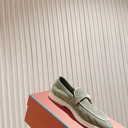 LP LOAFERS 25S IN MOSS GREEN SUEDE WITH SILVER HARDWARE