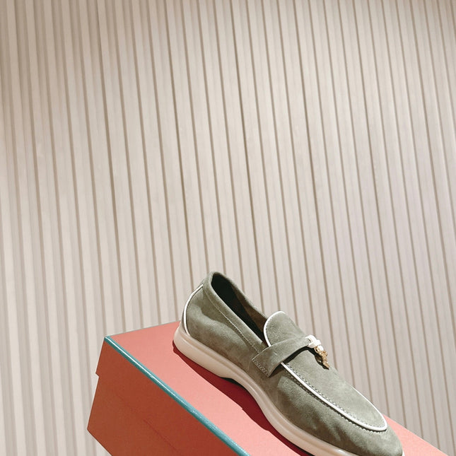 LP LOAFERS 25S IN MOSS GREEN SUEDE WITH SILVER HARDWARE