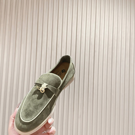 LP LOAFERS 25S IN MOSS GREEN SUEDE WITH SILVER HARDWARE
