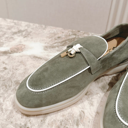 LP LOAFERS 25S IN MOSS GREEN SUEDE WITH SILVER HARDWARE